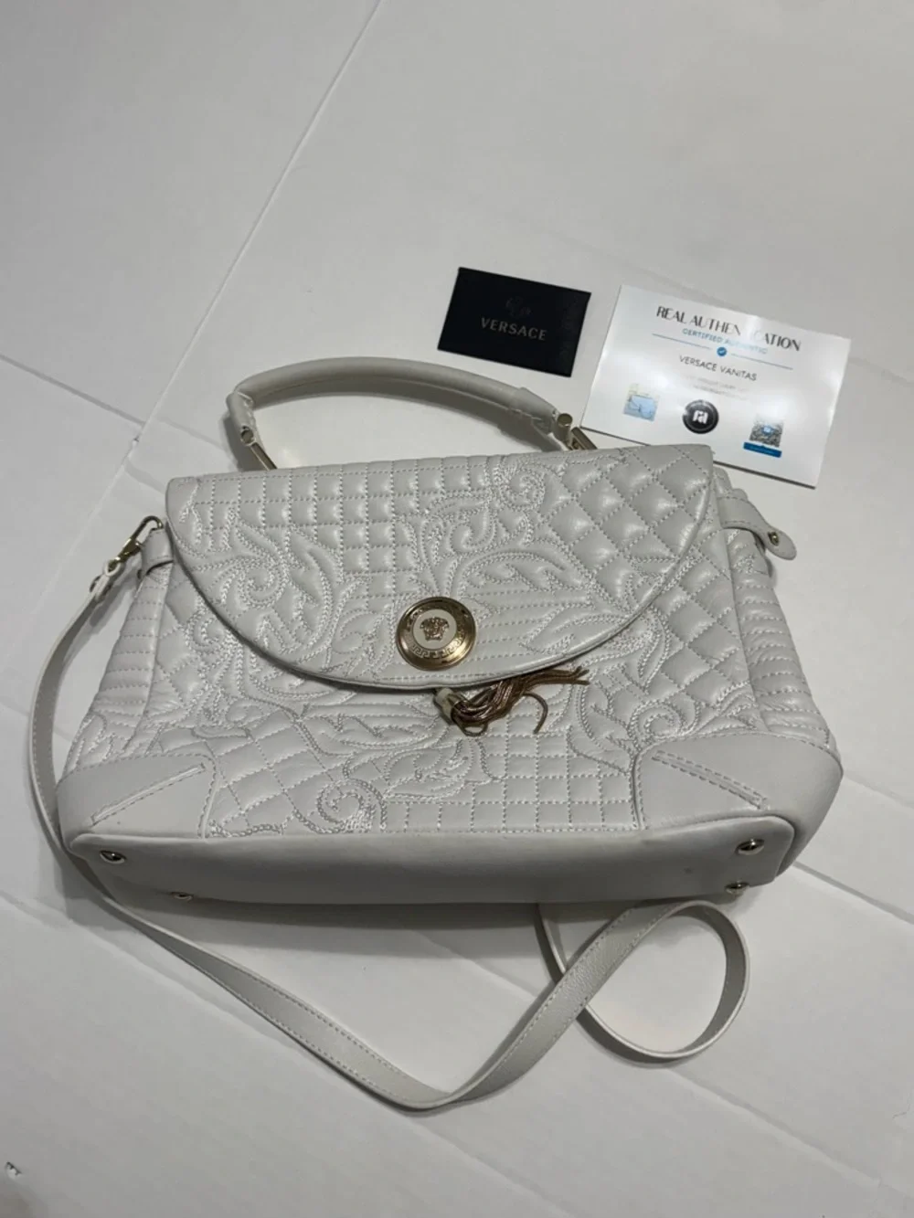 Versace White Vanitas Barocco Quilted Leather Demetra Top Handle Bag with COA